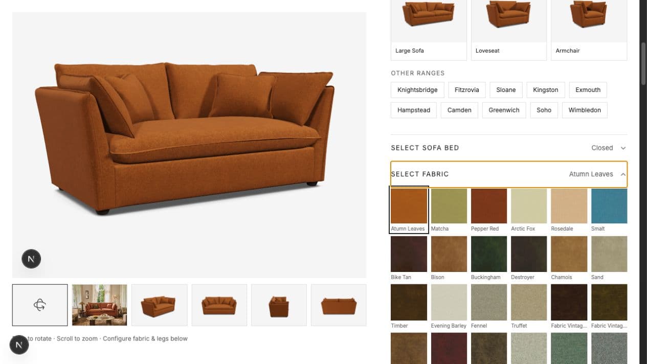 The persistent 3D scene, gallery, product cards and external fabric controls updating together