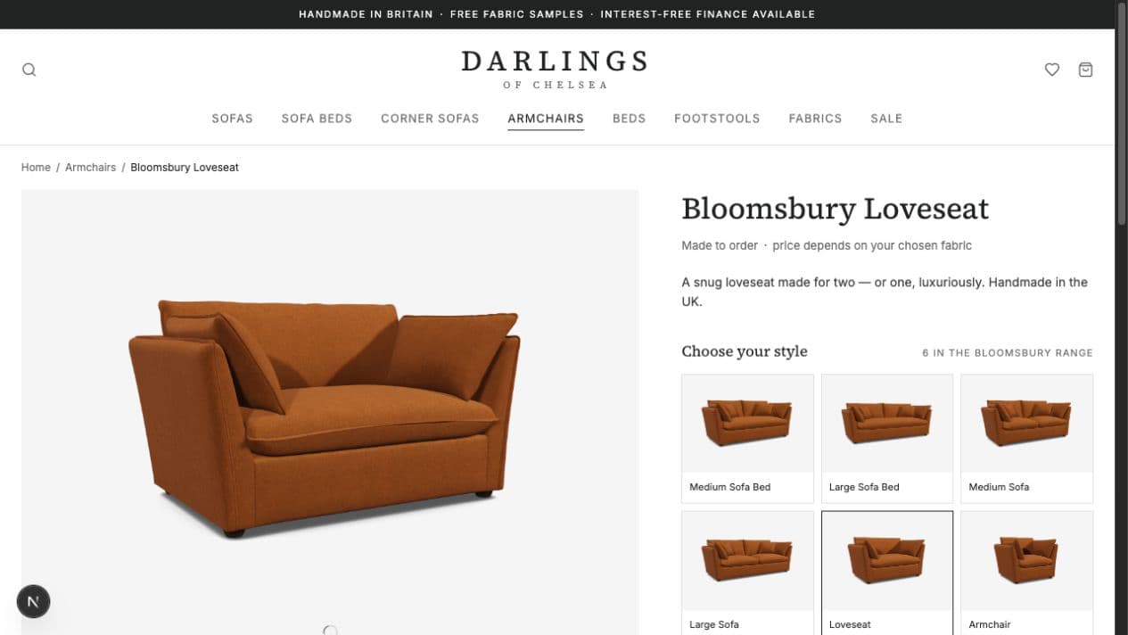 A complete custom product page built around the hosted OV25 configurator