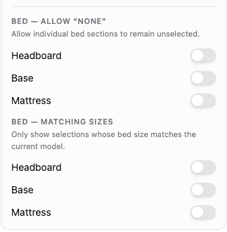 Bed section settings