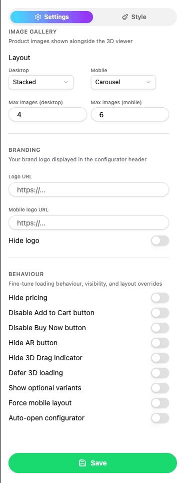 Behaviour flags including Buy Now and 3D drag indicator controls