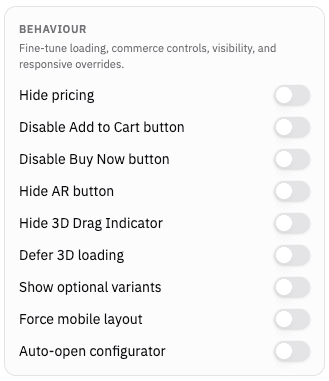 Behaviour flags including Buy Now and 3D drag indicator controls