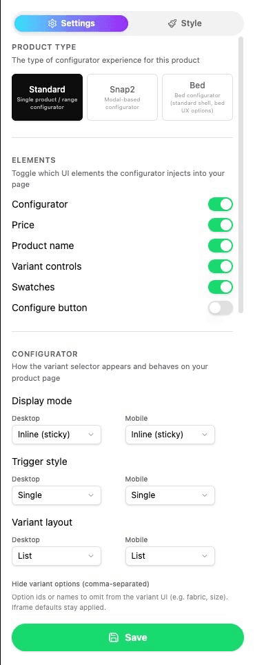Configurator layout with Inline sticky selected