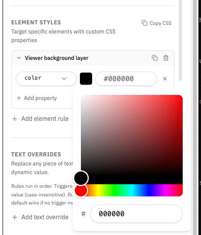 Element Styles, text overrides, and custom CSS controls