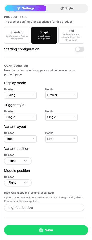 Snap2 dialog, drawer, and panel position controls